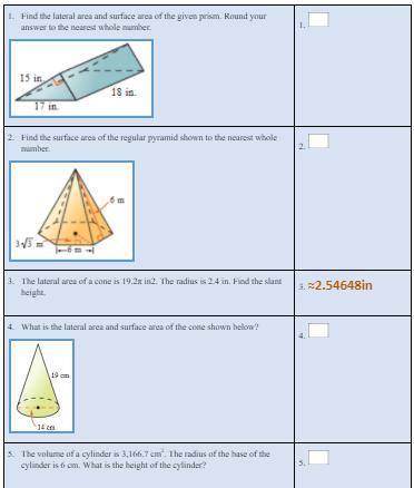 1 ) Find the lateral area and surface area of the given prism. Round your answer to the nearest who
