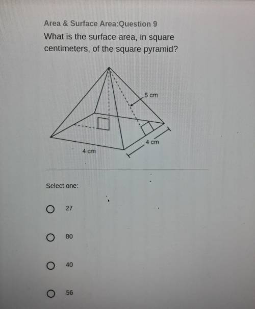 Area & Surface Area:Question 9

What is the surface area, in square centimeters, of the square