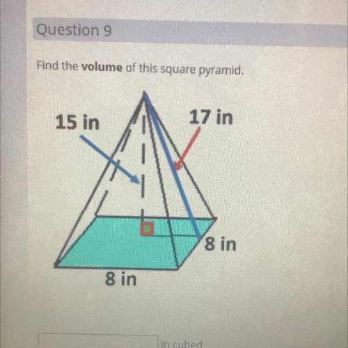 Find the volume of this square pyramid.
15 in
17 in
8 in
8 in
