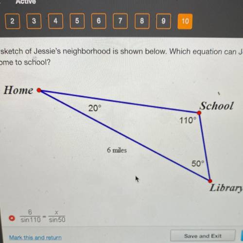 A sketch of Jessie's neighborhood is shown below. Which equation can Jessie use to determine x, the