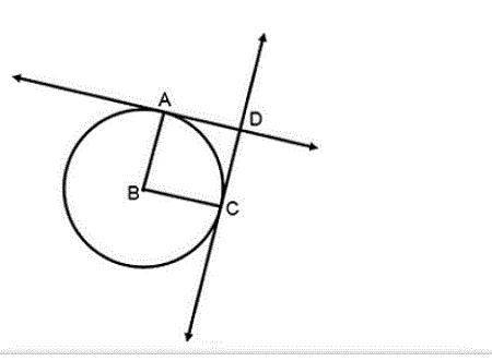 Given: Circle B with tangent AD←→ and tangent DC.←→− Arc AC has a measure of 85°. What is the relat