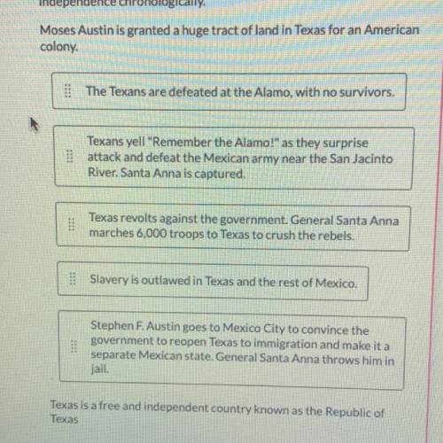 Pls help will give
Organize these important events that led
Texas to win its independence