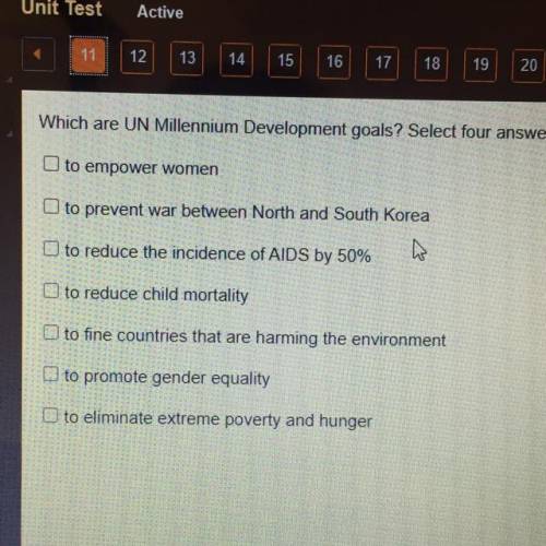 Which are UN millennium development goals? Select four answers. (click on picture to see all answer