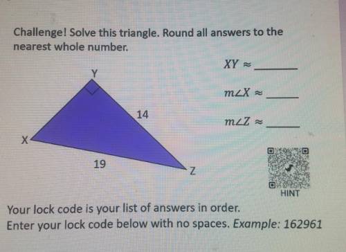 Challenge! Solve this triangle. Round all answers to the nearest whole number.​