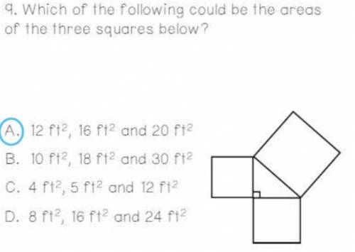 Which of the following could be the areas of the three squares below?