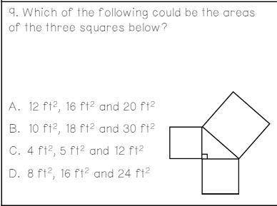 Which of the following could be the areas of the three squares below?