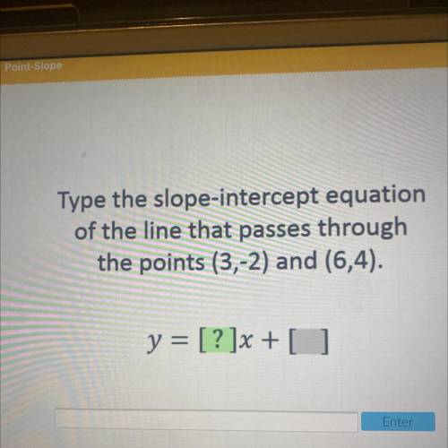Type the slope-intercept equation

of the line that passes through
the points (3,-2) and (6,4).
y