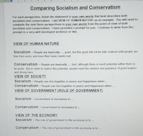 Comparing Socialism and conservatism

someone help me please I'm cluelessdrop your venmo if you an