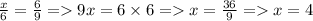 \frac{x}{6}  =  \frac{6}{9}  =   9x = 6 \times 6 =   x =  \frac{36}{9}  =   x = 4