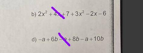 Simplify.

-a + 6b - a + 8b - a + 10b 2x to the power of 2 + 4x + 7 + 3x to the power of 2 - 2x -