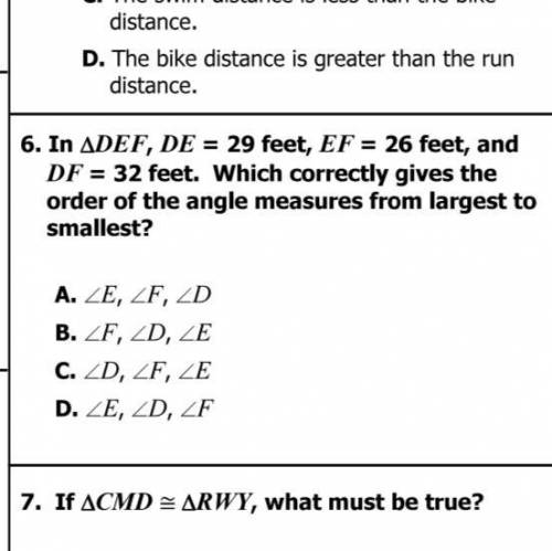 In DEF, De=29 feet, EF=26 feet, and DF=32 feet. Which correctly gives the order of the angle measur