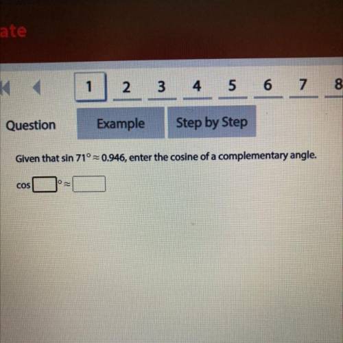 Given that sin 71°=0.946, enter the cosine of a complementary angle
COS
O