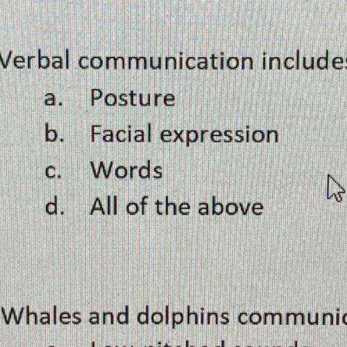 1. Verbal communication includes

a. Posture
b. Facial expression
C. Words
d. All of the above
D