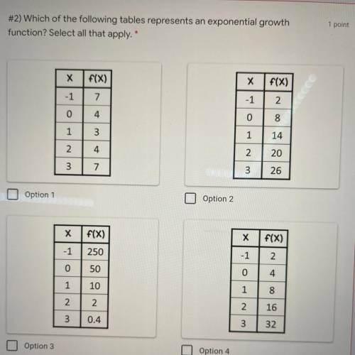 Which of the following tables represents an exponential growth
function? Select all that apply