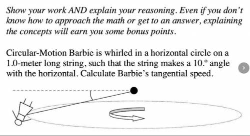 Circular Motion

Barbie is whirled in a horizontal circle on a 1.0 meter long string, such that th
