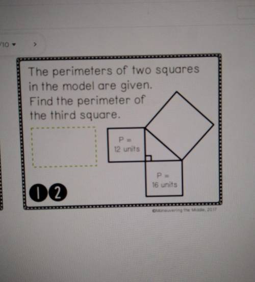 The perimeters of two squares in the model are given. Find the perimeter of the third square. P=12