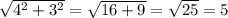 \sqrt{4^2 + 3^2} = \sqrt{16 + 9} = \sqrt{25} = 5