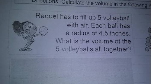 Raquel has to fill-up 5 volleyball with air. Each ball has a radius of 4.5 inches. What is the volu