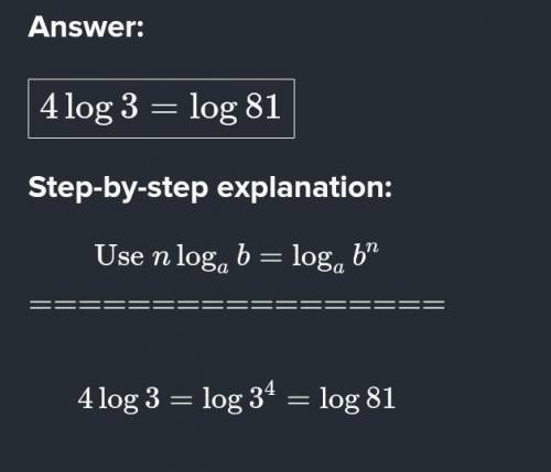 Rewrite 3log(4) in the form log(c)