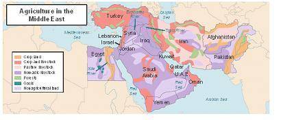 The map below shows agriculture in the Middle East. A majority of the land in the Middle East is un