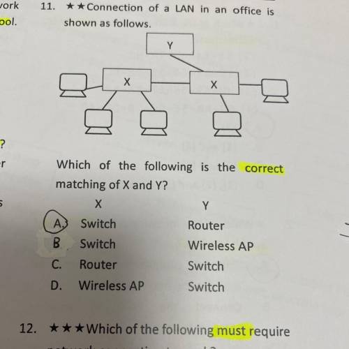 11

Which of the following is the correct
matching of X and Y?
Х
Y
Switch
Router
A,
B
Switch
Wirel