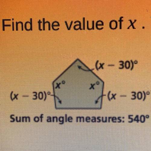 Find the value of x. Then find the missing angle measures of the polygon.

(x - 30)
6-30)
+(x - 30
