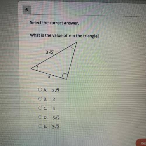 PLEASE HELP!

Select the correct answer.
What is the value of x in the triangle?
372
х
O A. 3V2
OB