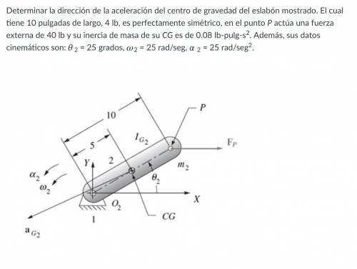 Determinar la dirección de la aceleración del centro de gravedad del eslabón mostrado. El cual tien