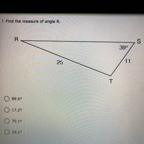 Find the measure of angle R.
88.6°
17.2°
70.1°
16.1°