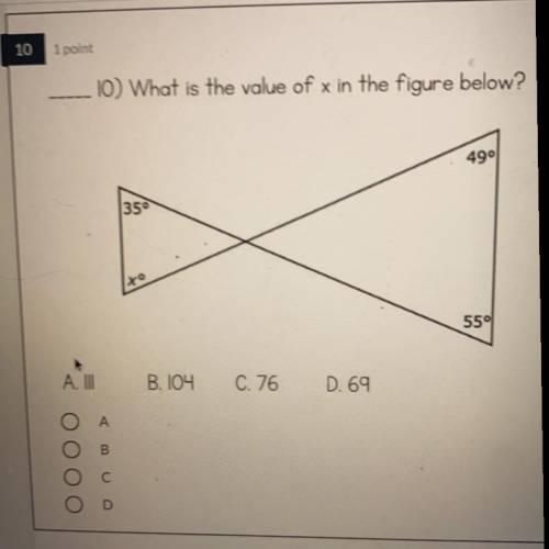 10) What is the value of x in the figure below?