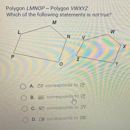 Polygon LMNOP ~ Polygon VWXYZ

Which of the following statements is not true?
M
L
W
N
V
X
P
Z
Y