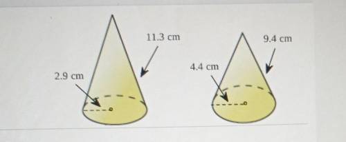 Find the surface area of each cone which cone has the greater surface area use 3.14 for pi​