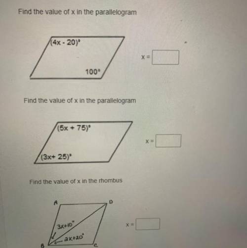 Find the value of x in the parallelogram for each one