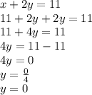 x + 2y = 11 \\ 11 + 2y + 2y = 11 \\ 11 + 4y = 11 \\ 4y = 11 - 11 \\ 4y = 0 \\ y =  \frac{0}{4}  \\ y = 0