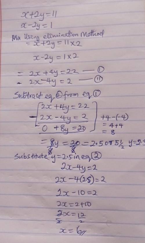 Solve this simultaneous equation x+2y=11 
x-2y=1
