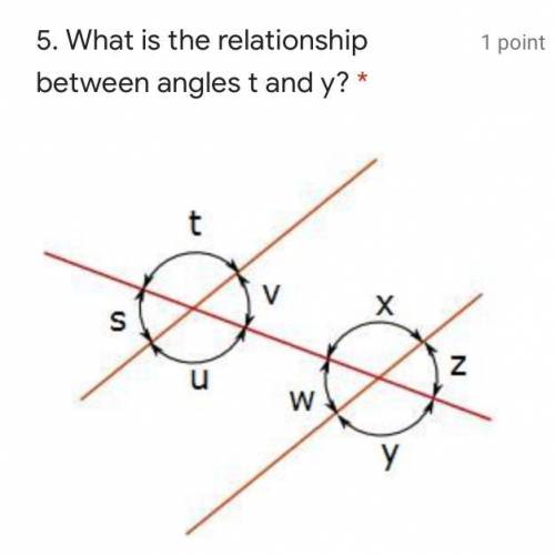 A:Corresponding angles

B:Alternate exterior angles
C:Vertical angles
D:Alternate interior angles