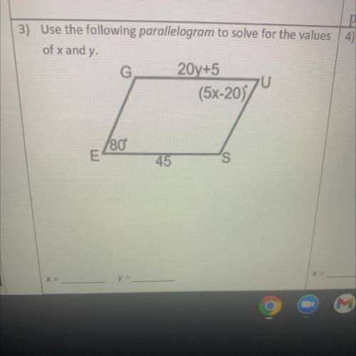 Use the following parallelogram to solve for the values of x and y