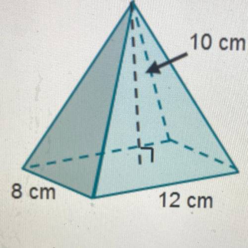 Photo above^^^

which shows how to determine the volume of the pyramid?
V= 1/3 (12)(8)(10)
V= 1/2