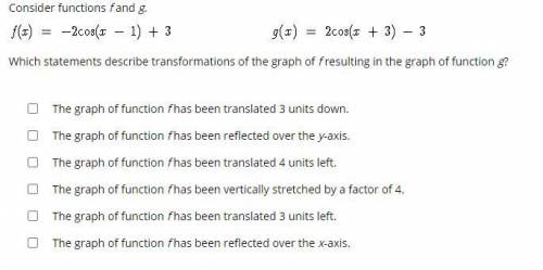 Consider functions f and g.

Which statements describe transformations of the graph of f resulting
