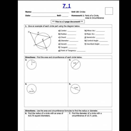 Parts of circles area and circumference homework 1