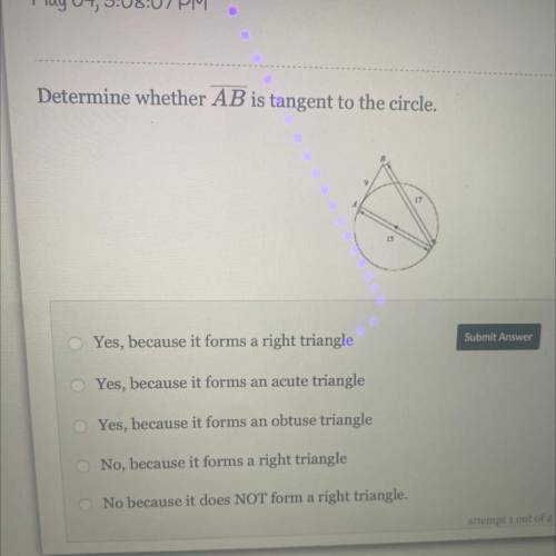 Determine whether AB is tangent to the circle.