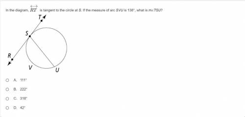 In the diagram, RT←→ is tangent to the circle at S. If the measure of arc SVU is 138°, what is m∠TS