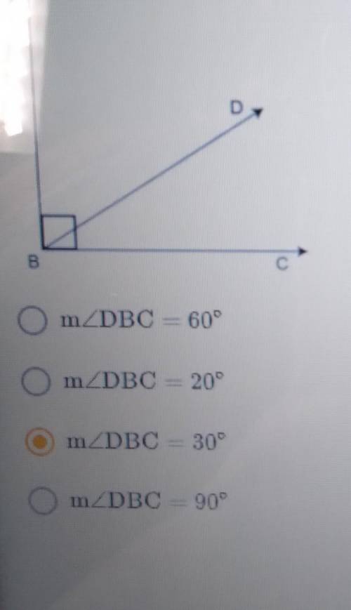 1. In the image shown, m_ABD = (3x + 15)° and mDBC = 2.c) ind mZDBC. mZDBC 60° O m2DBC= 20° O m_DBC