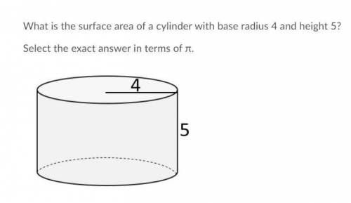 Please help! / 50 points

What is the surface area of a cylinder with base radius 4 and height 5?