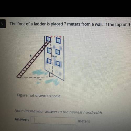 The foot of a ladder is placed 7 meters from a wall. If the top of the ladder rests 9 meters up on