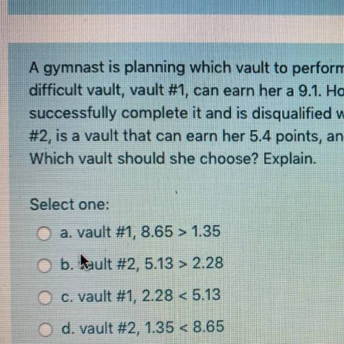 A gymnast is planning which vault to perform at an upcoming competition. Her most

difficult vault