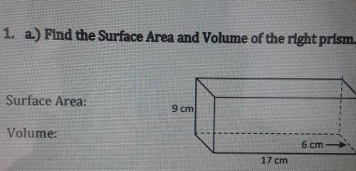 1. a) Find the Surface Area and Volume of the right prism. Surface Area: 9 cm Volume: 6 cm 17 cm​
