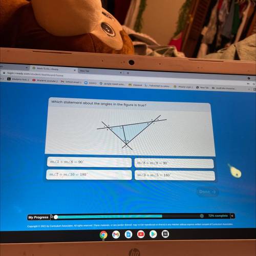 Which statement about the angles in the figure is true?

m21 + m28 = 90°
m_8+ m_9= 90
m27+ m_10 =