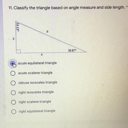 PLEASE HELP! FOR 10 POINTS. CLASSIFY THE TRIANGLE ON ANGLE AND SIDE LENGTH, WHAT IS THE ANSWER AND