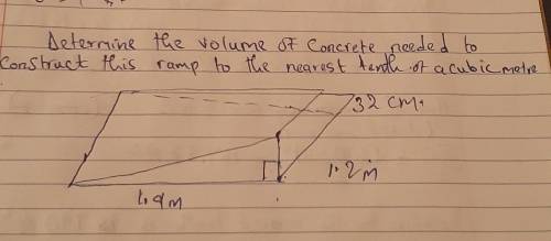 Determine the volume of Concrete needed to

Construct this ramp to the nearest tenth of a cubic me